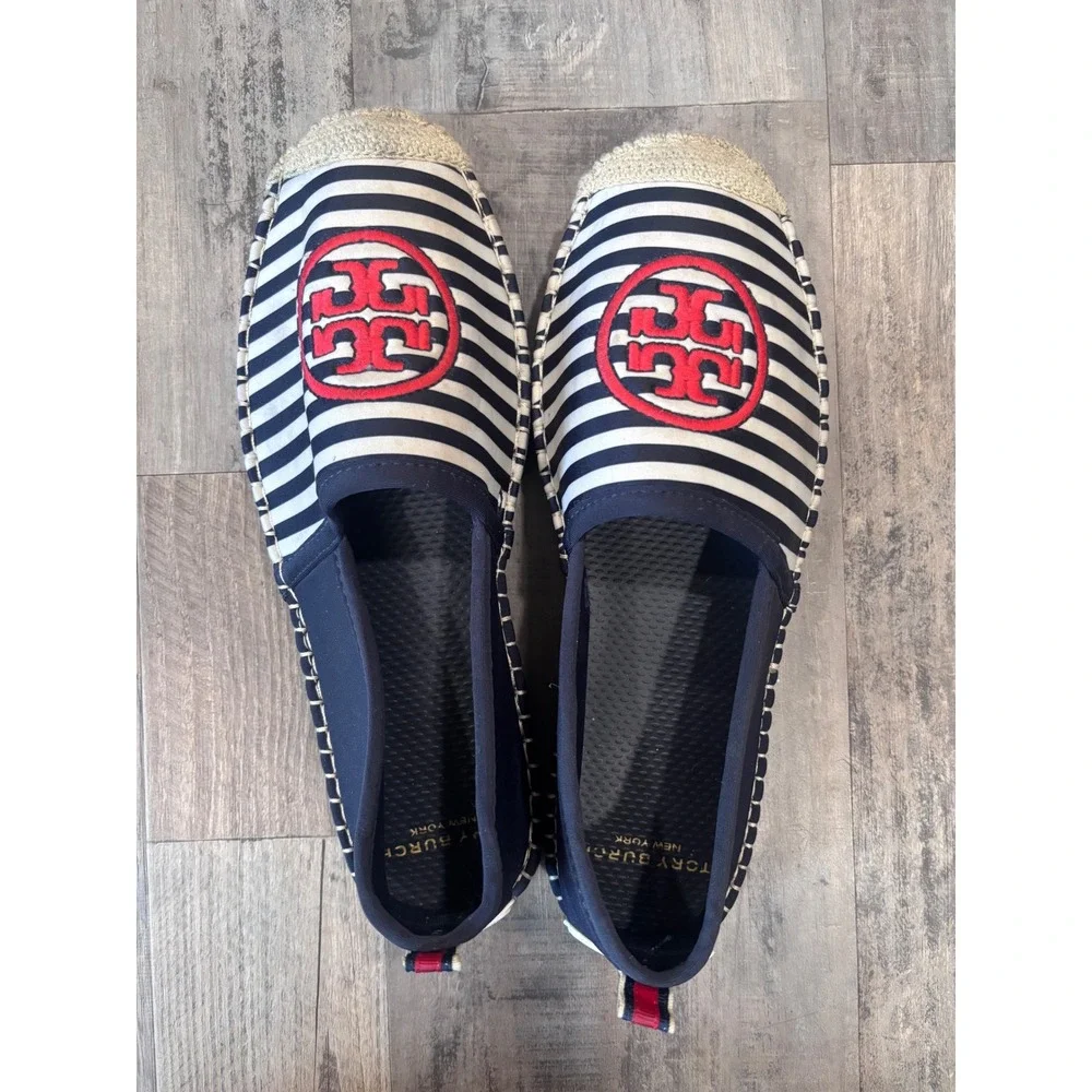 Tory Burch Navy White Red Striped Espadrille Flats Logo Nautical Preppy Size 11